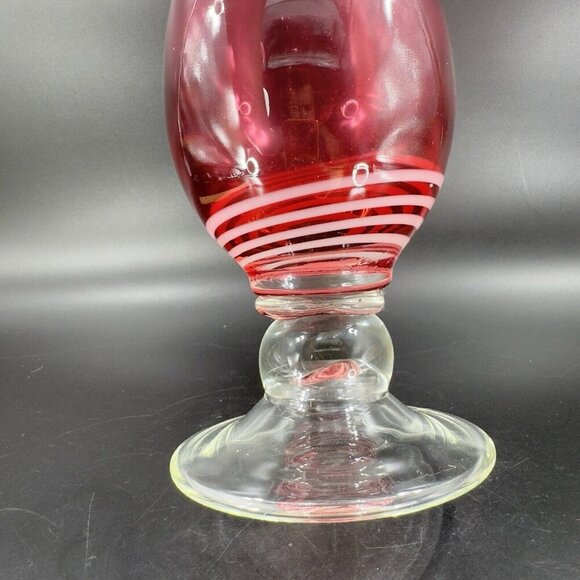 Art Glass Vase Cranberry With White Lines Footed Clear Bottom Glass Ruffled Top - Picture 4 of 12